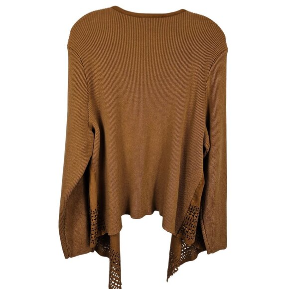 Womens 3X Open Front Brown Cardigan Faux Suede Laser-Cut Hem Stretch Long Sleeve - Picture 2 of 12